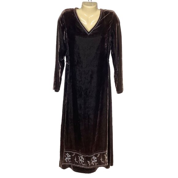 J Jill Dress Small Brown Silk Blend Velvet Beaded Floral Embroidered Maxi Boho - Picture 1 of 11